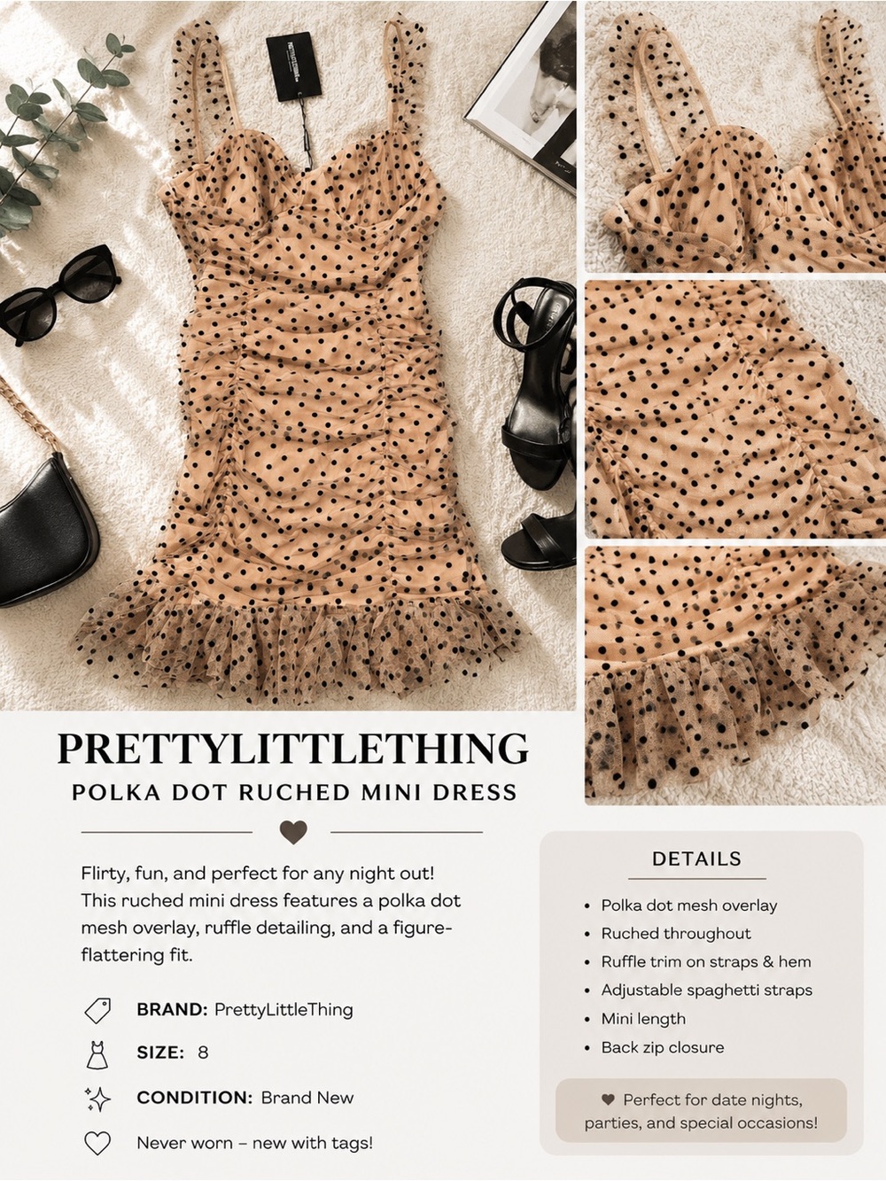 PrettyLittleThing Nude/Tan Black Polka Dot Ruched Mini Dress